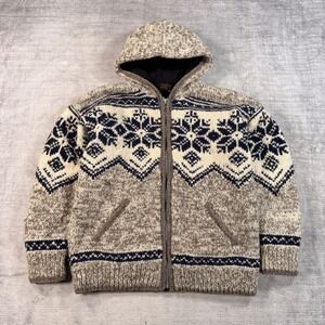 Island Design Jacket Women XL Brown Wool Sweater Fair Isle Hooded Full Zip Knit